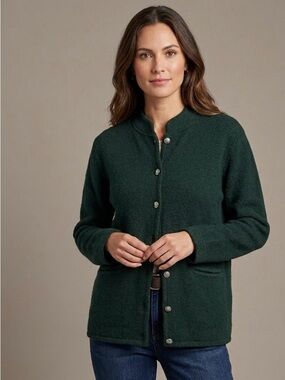 TALBOTS Boiled Wool Mandarin Collar Cardigan Sweater Coat Hunter Green Size XL